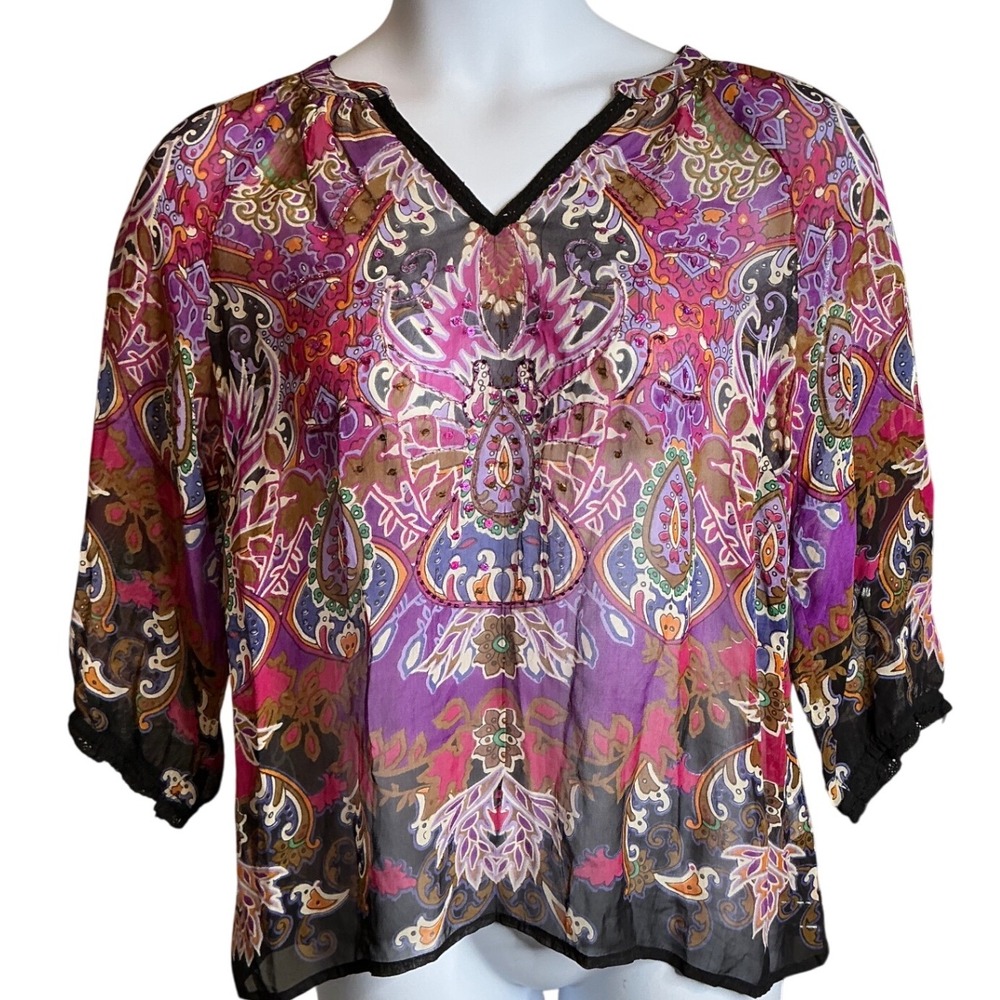 Bila Womens Paisley Sheer Blouse Size XLP Bohemian Purple‎ Flowy Hippie Indie